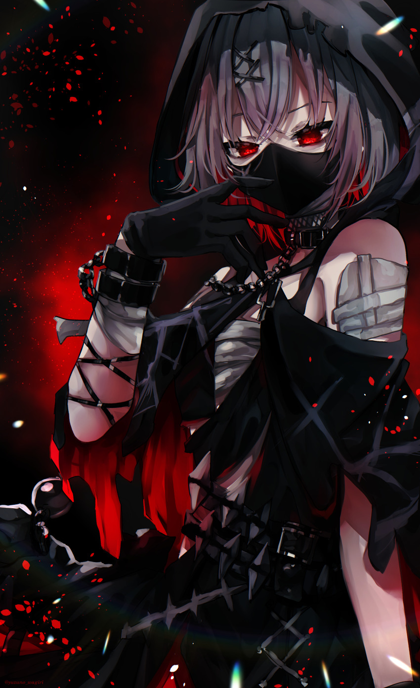 1girl absurdres bandaged_arm bandages black_choker black_cloak black_dress black_gloves black_hood black_mask chain choker cloak colored_inner_hair dress gloves grey_hair hair_ornament highres looking_at_viewer magical_girl mahou_shoujo_no_majo_saiban multicolored_hair red_eyes shito_alisa short_hair torn_clothes x_hair_ornament yuzuno_wagiri