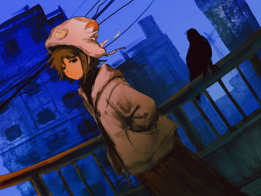 1girl bird black_eyes black_sweater brown_hair brown_skirt closed_mouth crow expressionless hair_ornament hand_in_pocket hat highres hood hood_down hooded_jacket iwakura_lain jacket long_skirt outdoors railing serial_experiments_lain short_hair shuru_shenme_mingzi skirt solo sweater turtleneck turtleneck_sweater white_hat white_jacket x_hair_ornament