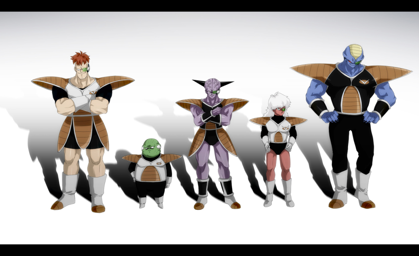 5boys armor blue_skin boots brown_hair burter captain_ginyu colored_skin crossed_arms dragon_ball dragonball_z ghost_in_the_shell_lineup ginyu_force gloves green_skin guldo hands_on_own_hips jeice letterboxed lineup long_hair looking_at_viewer looking_down looking_up male_focus multiple_boys purple_skin recoome red_eyes red_skin scouter shadow smile tansan_otoko white_hair wristband