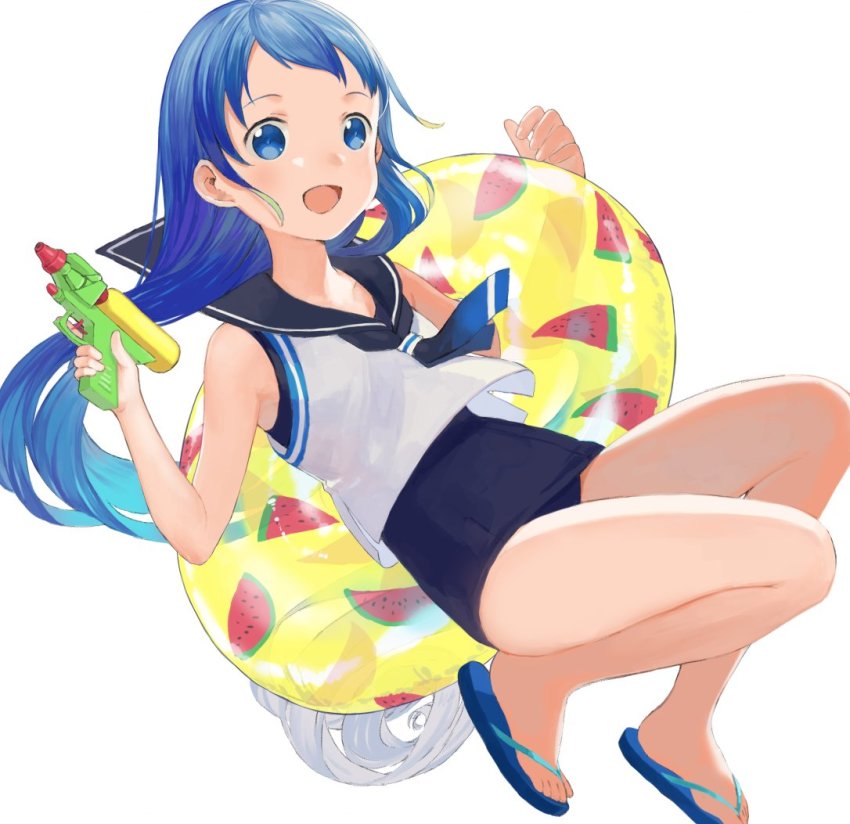 1girl black_sailor_collar blue_eyes blue_hair blue_sandals food_print fruit_print gradient_hair holding holding_swim_ring innertube kantai_collection karamomo long_hair multicolored_hair one-piece_swimsuit open_mouth sailor_collar samidare_(kancolle) sandals simple_background sleeveless solo swim_ring swimsuit swimsuit_under_clothes very_long_hair water_gun watermelon_print white_background