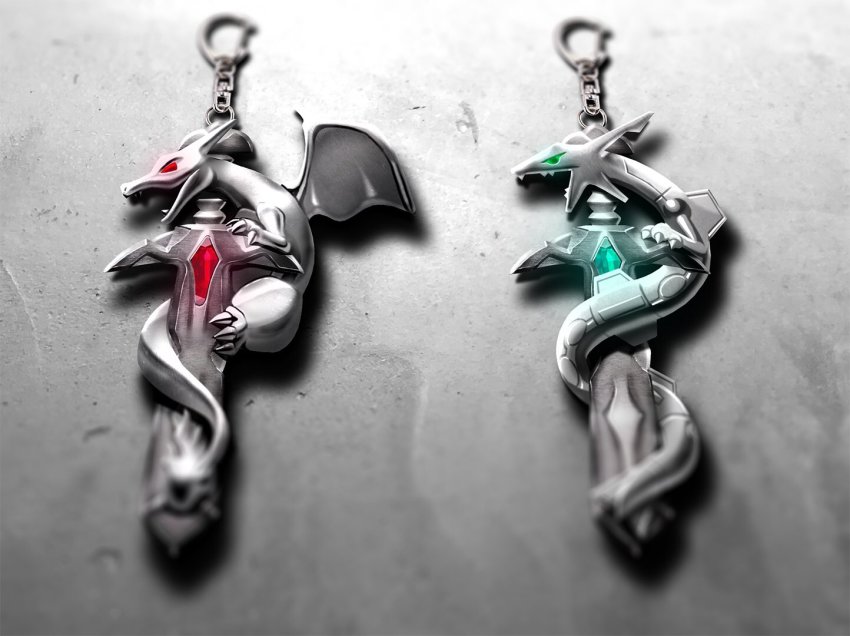 blurry chain charizard charm_(object) commentary_request dragon eastern_dragon gem gen_1_pokemon gen_3_pokemon glowing glowing_eyes green_gemstone legendary_pokemon nintendo no_humans pokemon pokeyugami rayquaza red_eyes red_gemstone sword weapon