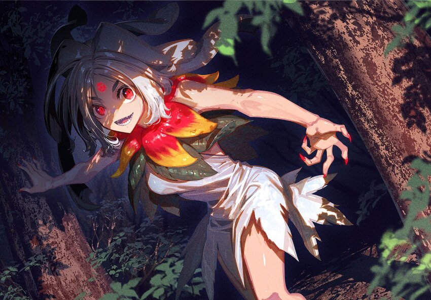 1girl bare_arms bare_shoulders blurry blurry_foreground breasts dress dutch_angle facial_mark fingernails forehead_mark forest glowing glowing_eyes glowing_markings houjuu_chimi leaf long_fingernails looking_at_viewer medium_hair nature open_mouth outdoors parted_bangs partially_shaded_face red_eyes red_nails sharp_fingernails sharp_teeth sleeveless sleeveless_dress smile solo teeth torn_clothes torn_dress touhou tree tree_shade white_dress zounose