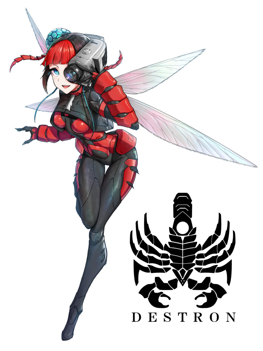 1girl arthropod_girl black_bodysuit black_hair blue_eyes bodysuit camera camera_mosquito commentary cyborg eidenjyou1997 english_commentary genderswap genderswap_(mtf) highres insect_wings kamen_rider kamen_rider_v3_(series) logo monster_girl mosquito_girl multicolored_hair open_mouth red_hair simple_background smile solo standing standing_on_one_leg teeth upper_teeth_only white_background wings