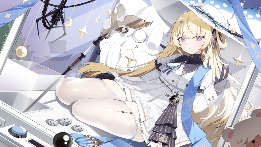 1girl absurdres black_bow black_collar black_gloves blonde_hair blue_eyes blue_sash bow clothes_pull coin collar crane_game crown_of_thorns earrings gloves hair_ribbon hat highres in_crane_game jewelry key_earrings long_hair looking_at_viewer pantyhose pantyhose_pull phoebe_(wuthering_waves) ribbon sash seiza sitting skirt smile solo staff striped_bow stuffed_toy tacet_mark_(wuthering_waves) white_hat white_pantyhose white_skirt wuthering_waves yesheeng_de_ling_che_zi