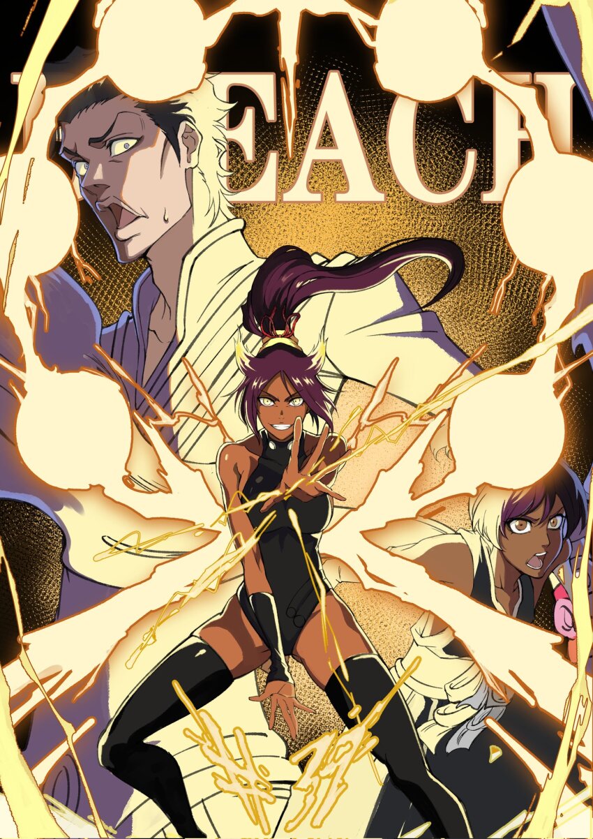 1girl 2boys armband askin_nakk_le_vaar bare_shoulders black_armband black_hair black_leotard black_robe black_thighhighs bleach breasts brown_eyes dark-skinned_female dark-skinned_male dark_skin highres leotard lightning lightning_bolt_symbol long_hair multiple_boys open_mouth ponytail purple_eyes purple_hair red_ribbon ribbon robe shaolong shihouin_yoruichi shihouin_yushiro sideboob smile surprised sweat thighhighs thighs wide-eyed yellow_eyes