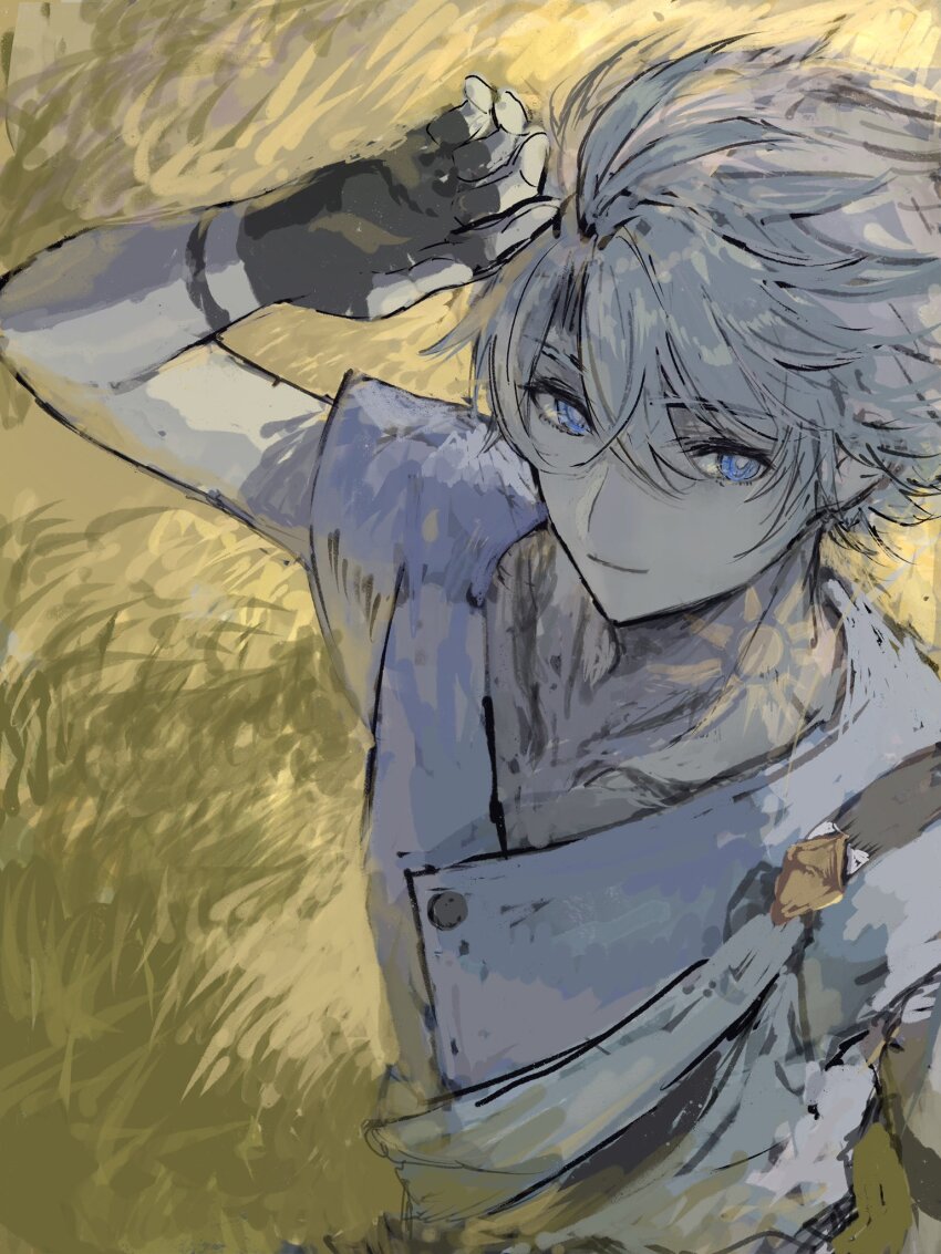 1boy ancient_greek_clothes antenna_hair blue_eyes buttons chiton commentary_request greco-roman_clothes hand_up highres honkai:_star_rail honkai_(series) male_focus neck_tattoo parted_bangs phainon_(a_dream_scented_in_wheat)_(honkai:_star_rail) phainon_(honkai:_star_rail) shirt short_hair solo sun_symbol sun_tattoo tan tattoo upper_body vmvmzzztg white_hair white_shirt