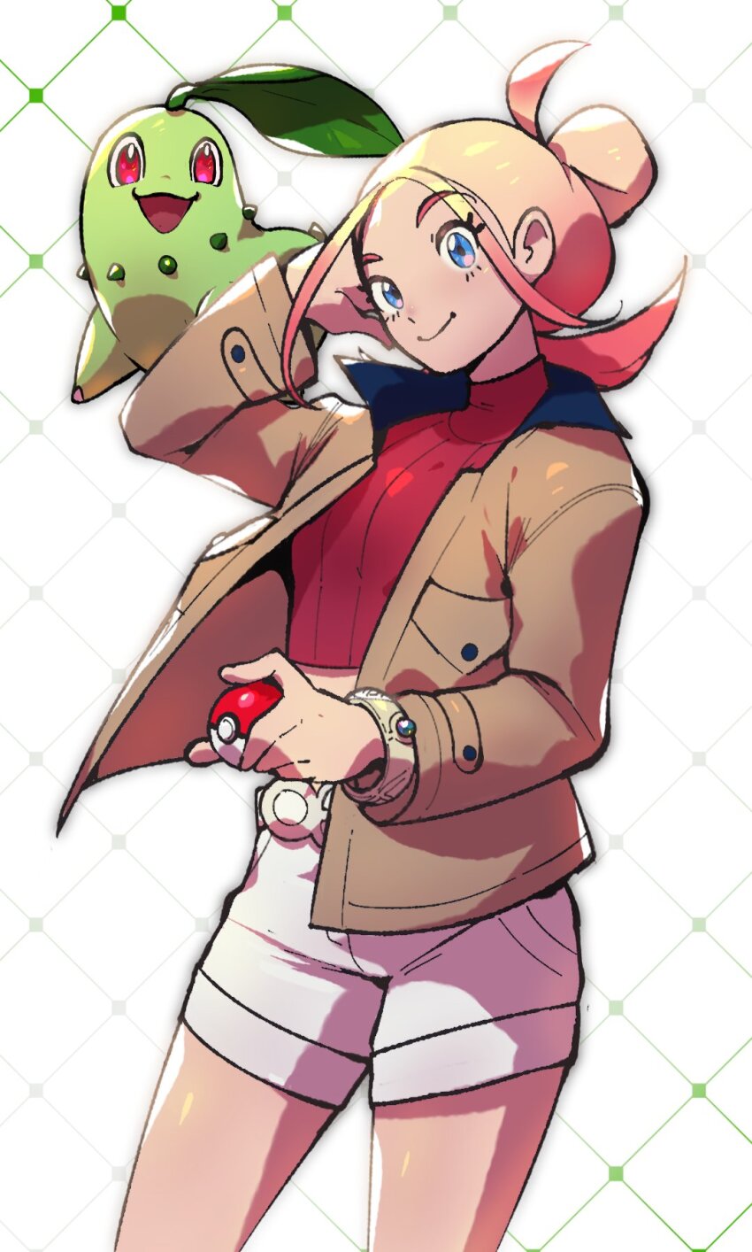 1girl blonde_hair blue_eyes breasts brown_jacket chikorita crop_top forehead game_freak gen_2_pokemon gradient_hair highres jacket long_sleeves mismatched_eyebrows multicolored_hair nintendo official_style pink_eyebrows pink_hair pokemon pokemon_legends:_z-a shirt shorts smile solo taunie_(pokemon) tuko_d_tako turtleneck two-tone_hair