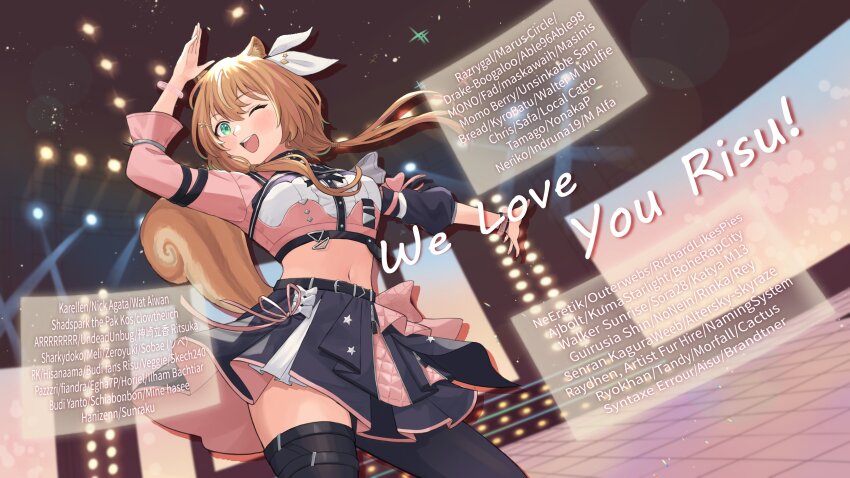 1girl absurdres animal_ear_fluff animal_ears ayunda_risu belt black_belt black_pantyhose black_skirt black_thighhighs blush bow breasts commentary english_commentary english_text floating_hair green_eyes hair_ribbon highres hololive hololive_indonesia kyoraku_(weng3133) long_hair looking_at_viewer low_twintails medium_breasts midriff navel open_hands pantyhose pink_bow pink_ribbon ribbon single_leg_pantyhose single_thighhigh skirt smile solo squirrel_ears squirrel_girl stage thigh_strap thighhighs twintails virtual_youtuber white_bow white_ribbon