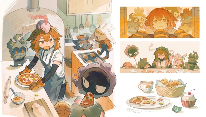 1girl absurdres annoyed arknights baking_sheet basket black_gloves bowl brick_oven cabinet chinese_commentary closed_eyes commentary_request cooking croissant crownslayer_(arknights) cup cupcake cutting_board dated dopperu_ben eating elbow_gloves food food_in_mouth frying_pan gastly gen_1_pokemon gen_3_pokemon gen_5_pokemon gen_7_pokemon gen_8_pokemon gloves highres hyena_ears hyena_girl hyena_tail indoors knife_block legendary_pokemon marshadow marshadow_(gloom) musharna mythical_pokemon nintendo on_head open_mouth oven oven_mitts pizza pizza_slice plate pokemon pokemon_(creature) pokemon_on_head raboot red_eyes red_hair rolling_pin shirt short_hair short_sleeves signature simple_background smile spatula spoon teacup torkoal whisk white_background white_shirt wooden_spoon zoroark