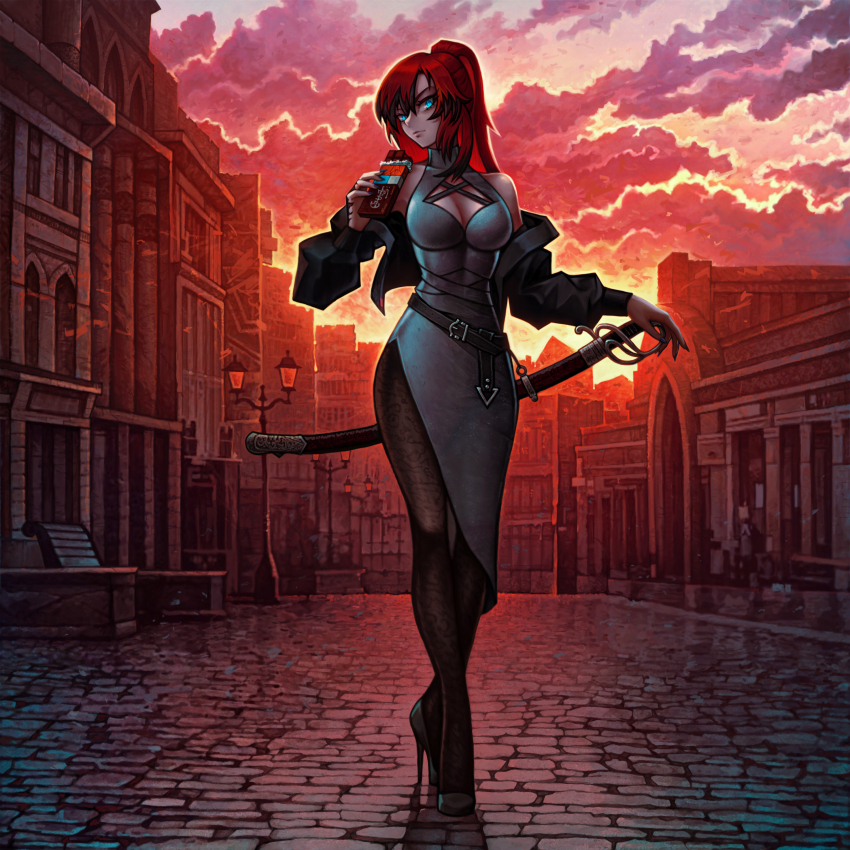 1girl absurdres bare_shoulders belt black_jacket blue_eyes breasts brown_shoes building cleavage cleavage_cutout closed_mouth clothing_cutout cloud cloudy_sky commentary commission crossed_legs dress english_commentary evening full_body glowing grey_dress high_heels highres holding holding_sword holding_weapon jacket katana lamppost long_hair looking_at_viewer medium_breasts off-shoulder_dress off_shoulder open_clothes open_jacket original outdoors pantyhose ponytail red_hair sheath sheathed shoes sky sleeveless sleeveless_dress solo soulless_sketch standing sunset sword town weapon