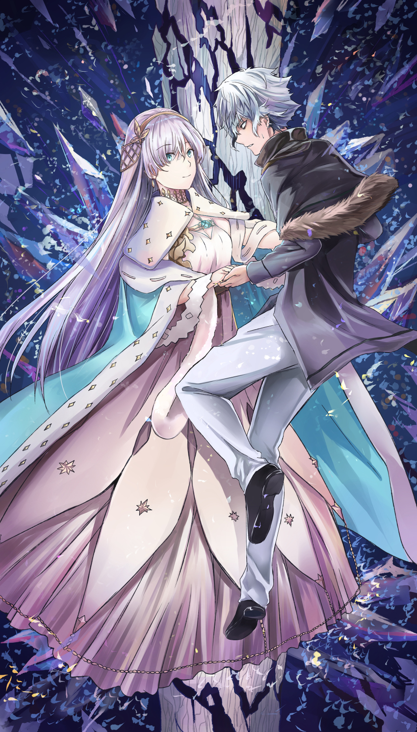 1boy 1girl absurdres anastasia_(fate) blue_eyes blush breasts cape closed_mouth commentary_request dress fate/grand_order fate_(series) hairband highres jeffrey10 kadoc_zemlupus long_hair looking_at_viewer medium_breasts orange_hairband royal_robe very_long_hair white_hair yellow_eyes