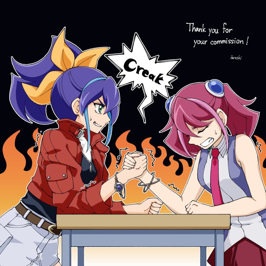 2girls arm_wrestling aroshi_ygo_0 artist_name bare_shoulders black_shirt blue_hair clenched_hand clenched_teeth closed_eyes commission english_text fire green_eyes high_ponytail highres long_hair motion_lines multiple_girls pink_hair ponytail red_jack_armor red_skirt shirt skeb_commission skirt teeth trembling twintails white_skirt yu-gi-oh! yu-gi-oh!_arc-v