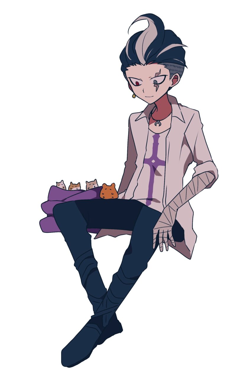 1boy bandaged_arm bandages black_hair black_pants cham-p collared_shirt cross cross_print danganronpa_(series) danganronpa_2:_goodbye_despair earrings grey_eyes grey_hair hamster heterochromia highres invisible_chair jewelry jum-p maga-g male_focus multicolored_hair necklace open_clothes open_shirt pants pink_scarf red_eyes scarf shirt simple_background single_earring sitting sun-d tanaka_gundham todoroki_gk2 undercut white_background