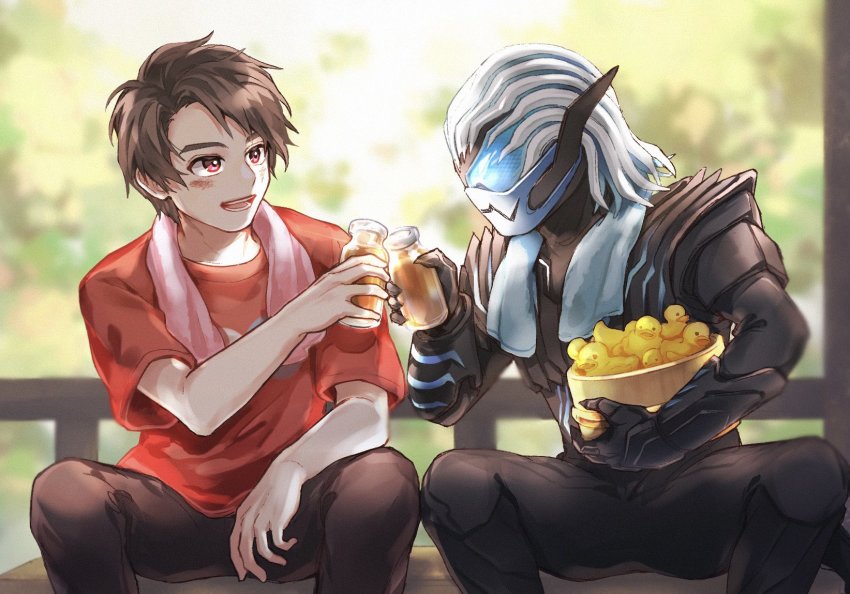2boys bench black_pants blue_eyes brown_hair bucket compound_eyes demon demon_boy food friends highres igarashi_ikki kamen_rider kamen_rider_revice mask mouth_mask multiple_boys noky03 outdoors pants pudding red_shirt rubber_duck shirt t-shirt towel towel_around_neck training vice_(kamen_rider_revice)