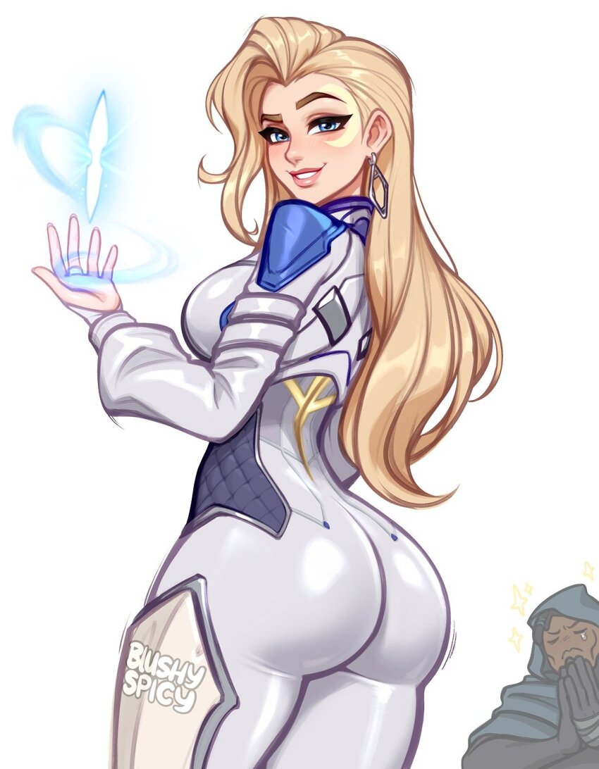 1boy 1girl ass blonde_hair blue_eyes blushyspicy bodysuit breasts cloak cloak_(marvel) crescent crescent_facial_mark dagger_(marvel) dark-skinned_male dark_skin earrings facial_mark highres hood jacket jewelry large_breasts long_hair looking_at_viewer marvel marvel_rivals solo thighs white_bodysuit