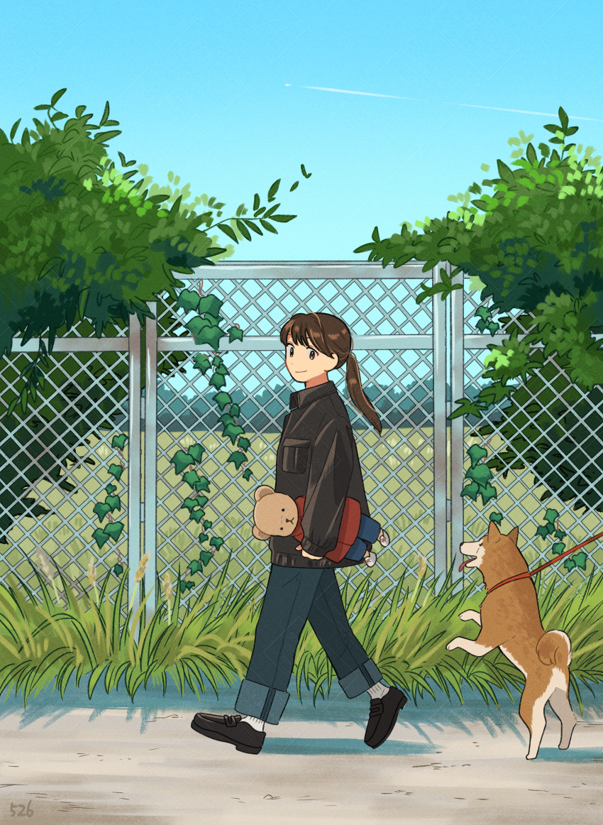 1girl absurdres black_jacket black_shoes brown_eyes brown_hair chain-link_fence closed_mouth day dog fence from_side grass highres holding holding_stuffed_toy ivy jacket kojiro337 long_hair long_sleeves looking_to_the_side original outdoors pants plant ponytail shoes solo standing stuffed_animal stuffed_toy teddy_bear walking