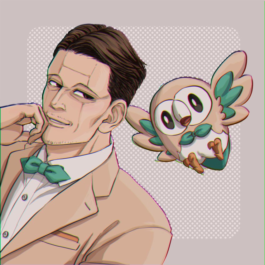 1boy 3kaku_mimi bow bowtie brown_eyes brown_hair buttons chromatic_aberration collared_shirt commentary crossover facial_hair gen_7_pokemon golden_kamuy green_neckwear hand_up highres jacket kikuta_mokutaro looking_back male_focus nintendo parted_lips pokemon pokemon_(creature) rowlet shirt short_hair smile white_shirt