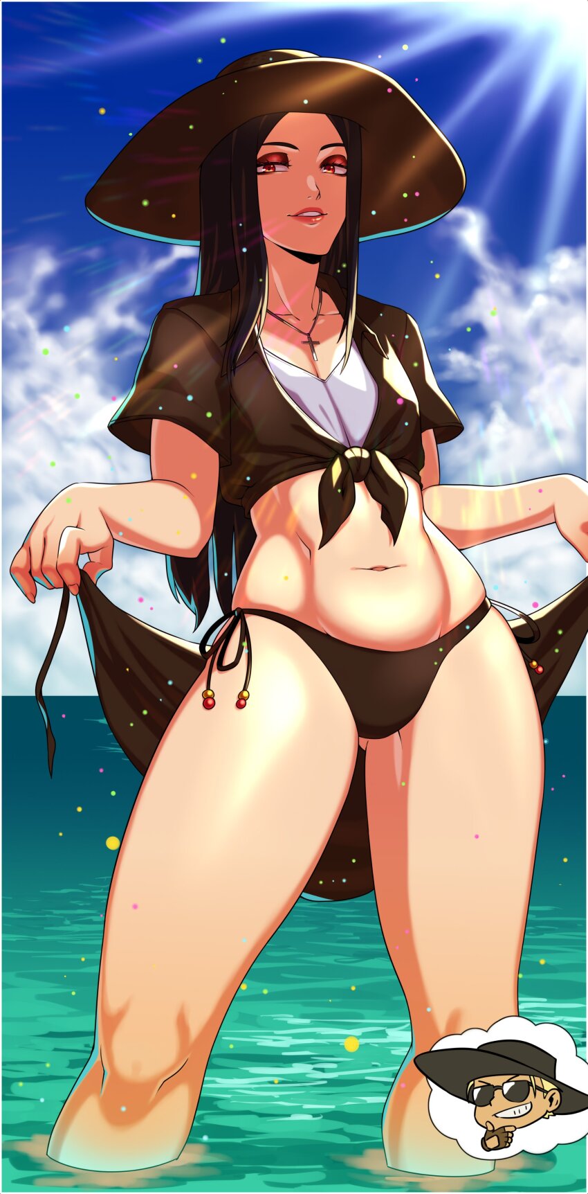 1boy 1other absurdres androgynous guilty_gear guilty_gear_strive hat highres johnny_(guilty_gear) kitsune23star long_hair looking_at_viewer navel other_focus smile sunglasses swimsuit testament_(guilty_gear) water