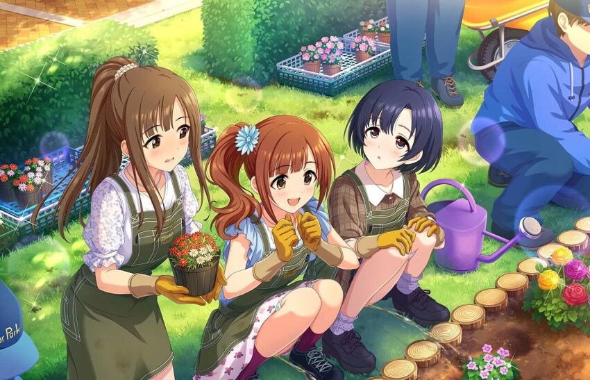 3girls black_hair blush brown_eyes brown_hair peeing flower garden hands_on_own_knees happy idolmaster idolmaster_cinderella_girls igarashi_kyoko mizumoto_yukari multiple_girls nonchalant_peeing peeing peeing_together public_indecency shiragiku_hotaru side_ponytail squatting third-party_edit watering_with_pee