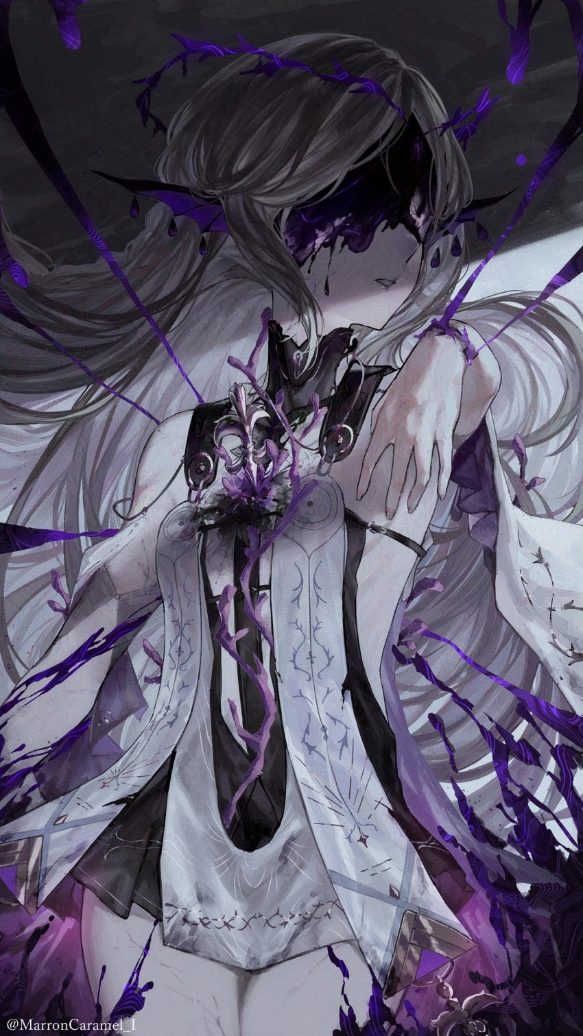 1girl adversarial_noise bare_shoulders black_collar black_dress breasts caramelmarron cartethyia_(wuthering_waves) collar commentary_request corruption covered_eyes crown_of_thorns dress earrings facing_to_the_side fins fleur-de-lis grey_hair hand_up head_fins highres jewelry leviathan_(wuthering_waves) long_hair multiple_earrings necklace no_horns parted_lips sidelocks small_breasts solo tabard twitter_username white_tabard wuthering_waves