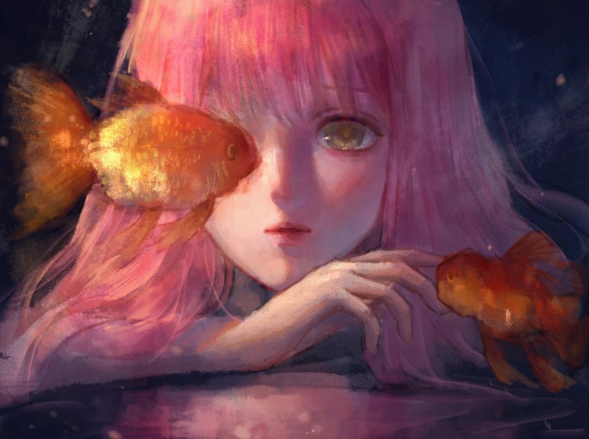 1girl absurdres arm_on_table bare_arms blue_background chinese_commentary commentary_request expressionless fish goldfish highres light_blush light_particles lipstick long_hair looking_at_another makeup nikki_(nikki) nikki_(series) one_eye_covered parted_lips pink_hair pink_lips ribbon sea0 shining_nikki solo upper_body yellow_ribbon