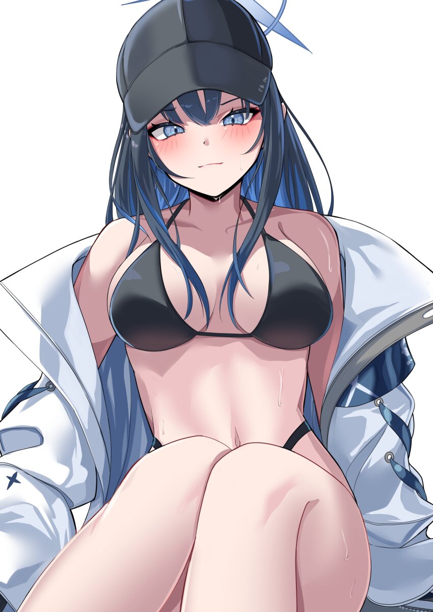 1girl absurdres alternate_costume baseball_cap bikini black_bikini black_hat blue_archive blue_halo coat colored_inner_hair halo hat highres multicolored_hair nigori_(keydoor) open_clothes open_coat saori_(blue_archive) solo swimsuit white_background white_coat