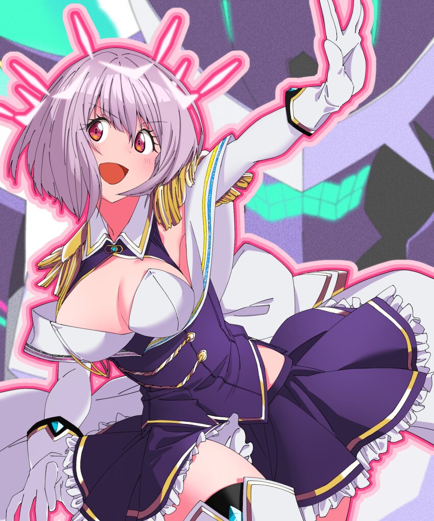 1girl absurdres alexis_kerib alexis_kerib_(new_order) boots breasts cleavage epaulettes frilled_skirt frills gloves gridman_universe gridman_universe_(movie) highres isme large_breasts purple_hair purple_skirt red_eyes shinjou_akane shinjou_akane_(new_order) shirt short_hair skirt smile thighhighs white_footwear white_gloves