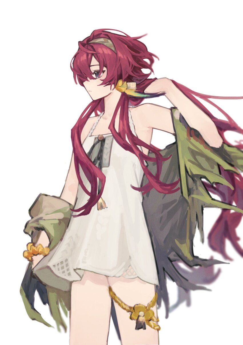 1girl bare_arms bare_shoulders blue_eyes capelet cowboy_shot dress green_capelet green_hairband hairband hand_up highres holding holding_own_hair long_hair nats_(d0ughnats) official_alternate_costume profile red_hair reverse:1999 short_dress sleeveless sleeveless_dress solo spaghetti_strap very_long_hair white_background white_dress yenisei_(around_the_riverbend)_(reverse:1999) yenisei_(reverse:1999)