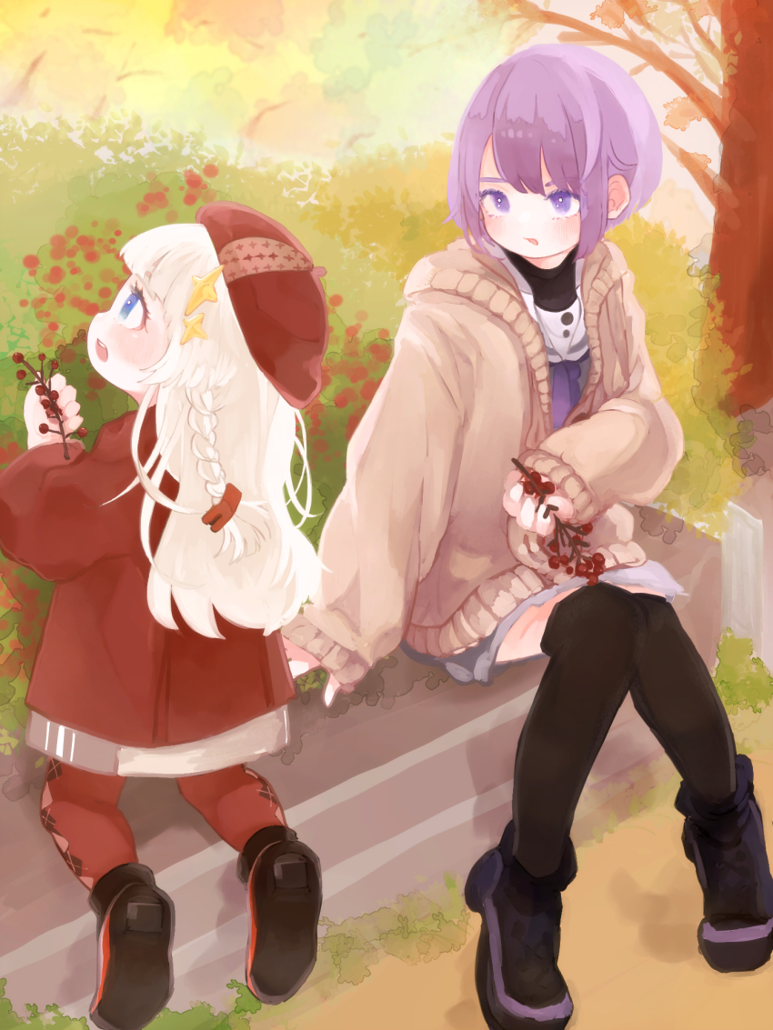 2girls a.i._voice beret berry black_thighhighs blue_eyes blush braid brown_cardigan bush cardigan coat commentary day full_body gooseberry grey_shirt grey_skirt hat highres holding holding_plant kizuna_akari kizuna_akari_(tsubomi) kneeling long_hair long_sleeves looking_at_another looking_to_the_side looking_up multiple_girls neckerchief on_bench open_cardigan open_clothes open_mouth outdoors pantyhose plaid_clothes plaid_legwear plant purple_eyes purple_hair purple_neckerchief red_coat red_headwear red_pantyhose sailor_collar school_uniform serafuku shirt short_hair side_braid sitting skirt sparkle_hair_ornament symbol-only_commentary thighhighs torokeru_maro tree voiceroid white_sailor_collar yuzuki_yukari yuzuki_yukari_(shizuku)