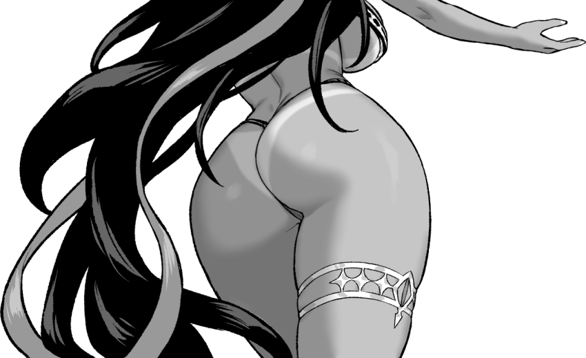 1girl animal_ears ass azur_lane azur_lane:_slow_ahead bikini breasts cleopatra_(azur_lane) cleopatra_(stars_and_roses)_(azur_lane) cropped_legs dark-skinned_female dark_skin from_behind greyscale hori_(hori_no_su) jackal_ears jackal_girl large_breasts long_hair monochrome official_art simple_background solo standing swimsuit thigh_strap white_background