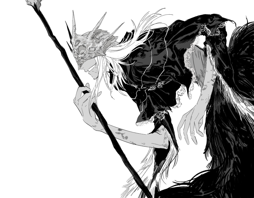 192_saioma 1boy aldrich_devourer_of_gods capelet commentary dark_souls_(series) dark_souls_iii dark_sun_gwyndolin greyscale grin highres holding holding_staff jewelry lace-trimmed_capelet lace_trim leaning_forward long_hair male_focus masked monochrome profile ring simple_background smile solo staff upper_body