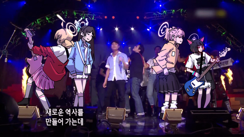4girls after-school_sweets_club_(blue_archive) airi_(band)_(blue_archive) airi_(blue_archive) animal_ears bass_guitar black_hair black_skirt blonde_hair blue_archive blur_censor cat_ears censored concert electric_guitar guitar halo highres instrument kazusa_(band)_(blue_archive) kazusa_(blue_archive) korean_commentary korean_text loose_socks multicolored_hair multiple_girls music natsu_(band)_(blue_archive) natsu_(blue_archive) official_alternate_costume people photo-referenced photo_background pink_hair playing_bass_guitar playing_guitar playing_instrument pleated_skirt skirt skirt_hold socks stage stage_lights standing subtitled tobeymaru tv_show two-tone_hair when_you_see_it white_socks yoshimi_(band)_(blue_archive) yoshimi_(blue_archive)