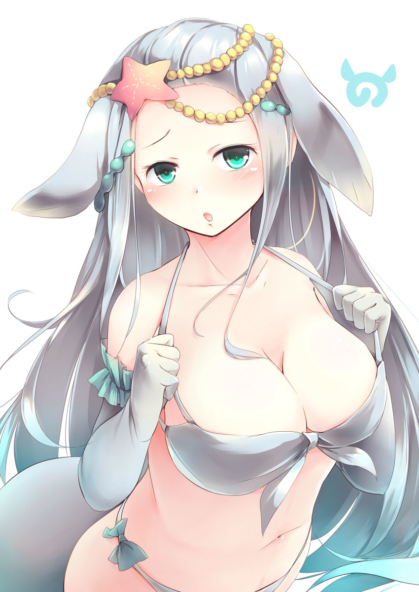 10s 1girl absurdres animal_ears bare_shoulders bikini blush breasts cleavage collarbone commentary dugong_(kemono_friends) elbow_gloves extra_ears female_focus gloves green_eyes grey_bikini grey_hair hair_ornament highres japari_symbol jewelry kanzakietc kemono_friends large_breasts long_hair looking_at_viewer open_mouth simple_background solo starfish swimsuit tail very_long_hair white_background