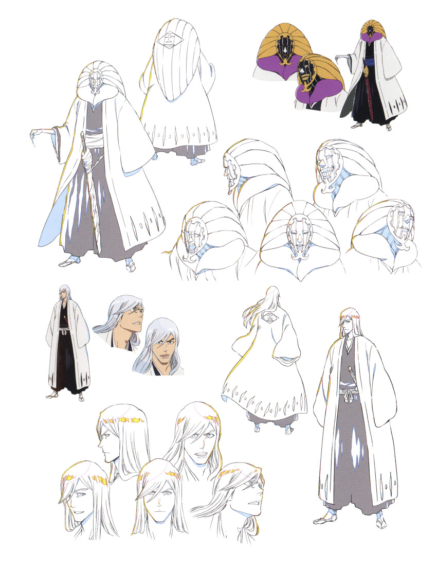 2boys absurdres black_skin bleach bleach:_sennen_kessen-hen blue_hair colored_skin colored_teeth crazy_eyes full_body fur_trim grin highres japanese_clothes katana kurotsuchi_mayuri long_hair looking_at_viewer multicolored_skin multiple_boys multiple_views official_art pectorals reference_sheet scan smile sword two-tone_skin ukitake_juushirou weapon white_skin wide-eyed yellow_eyes yellow_teeth zanpakutou