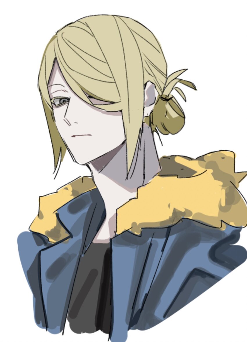 1boy :| alternate_costume black_shirt blonde_hair blue_jacket closed_mouth commentary_request cropped_torso edamameko210 fur-trimmed_hood fur_trim grey_eyes hair_over_one_eye highres hood hood_down hooded_jacket jacket lapels looking_down male_focus nintendo notched_lapels one_eye_covered open_clothes open_jacket parted_bangs pokemon pokemon_legends:_arceus shirt simple_background solo volo_(pokemon) white_background