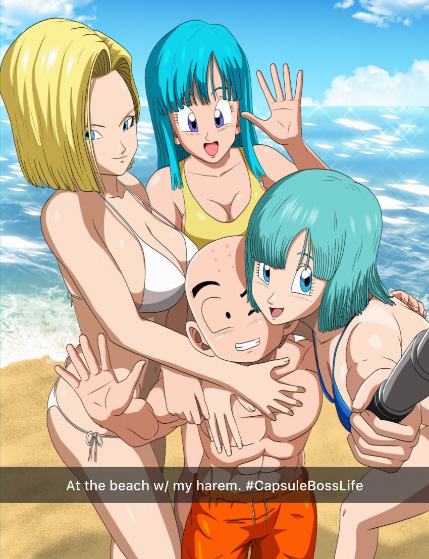 1boy 3girls absurdres android_18 bald bald_male beach black_eyes blonde_hair blue_eyes blue_hair breast_rest breasts breasts_on_head bulma cleavage couple dragon_ball english_text happy highres hug husband_and_wife kuririn maron_(dragon_ball) multiple_girls muscular muscular_male ocean popblackcherry sand smile swimsuit
