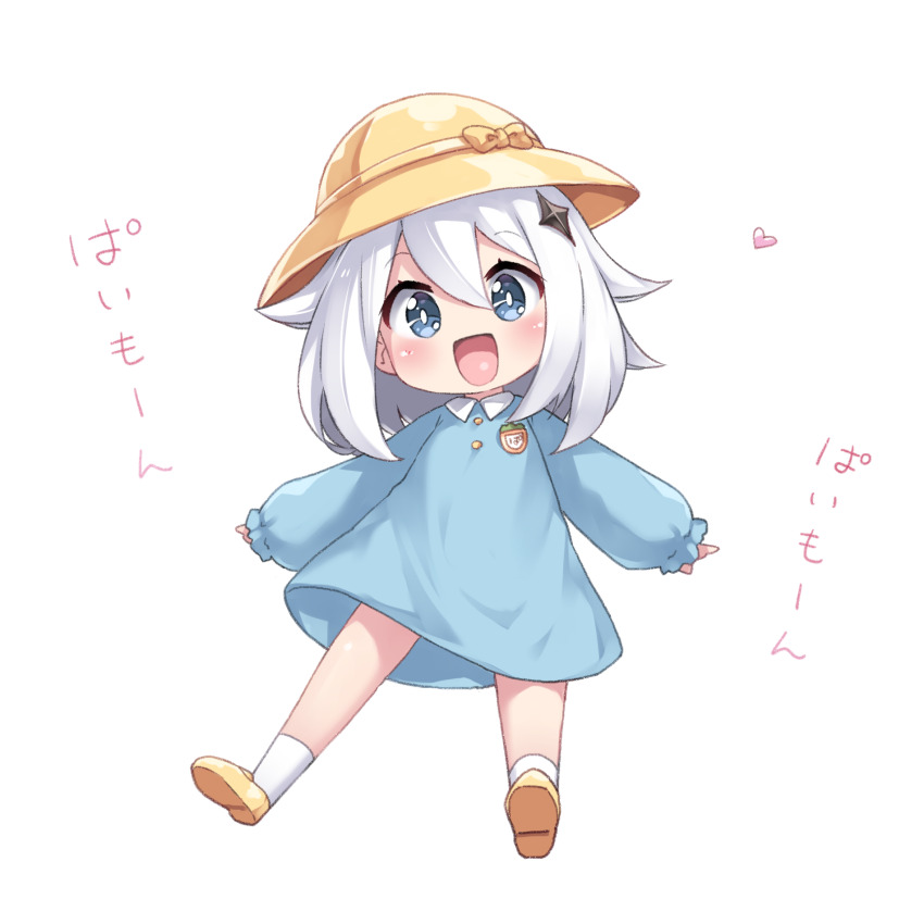 1girl blue_eyes blush bright_pupils child commentary genshin_impact hat highres kindergarten_uniform long_sleeves open_mouth paimon_(genshin_impact) school_hat short_hair_with_long_locks simple_background sleeves_past_wrists smile smock solo symbol-only_commentary tamase_tama translated tulip_hat white_background white_hair white_pupils