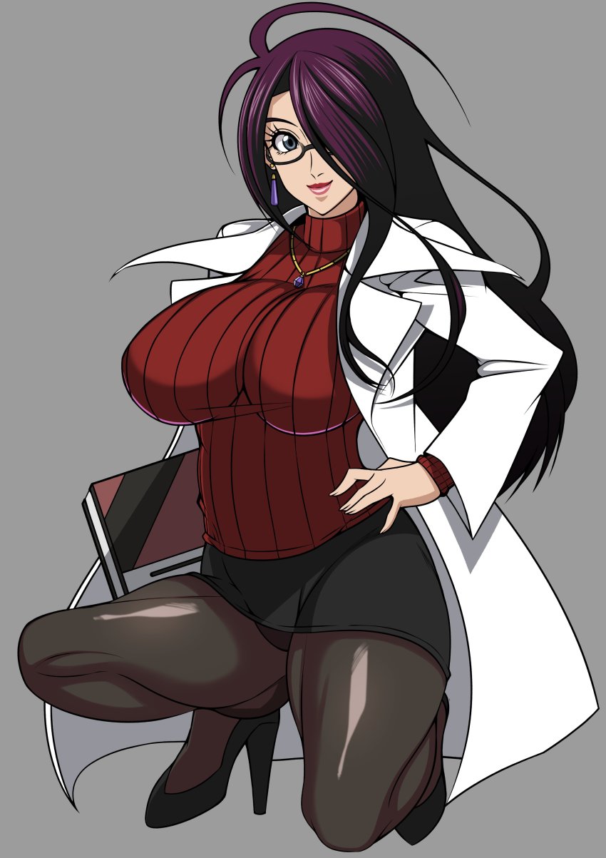 1girl absurdres black_footwear black_pantyhose breasts clipboard commentary_request earrings glasses green_eyes hair_over_one_eye hand_on_own_hip high_heels highres impossible_clothes jewelry justice_gakuen lab_coat large_breasts lipstick long_hair makeup minazuki_kyouko miniskirt myougi_kuraganosuke necklace panties panties_under_pantyhose pantyhose purple_hair red_sweater ribbed_sweater skirt smile solo squatting sweater underwear