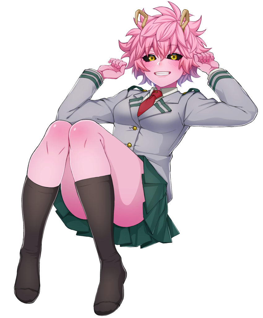 1girl absurdres ashido_mina black_sclera blazer boku_no_hero_academia colored_sclera colored_skin full_body green_skirt grey_jacket grin hands_up highres horns jacket kneehighs kobaji looking_at_viewer messy_hair necktie pink_hair pink_skin red_necktie school_uniform short_hair simple_background skirt smile socks solo teeth u.a._school_uniform white_background yellow_eyes