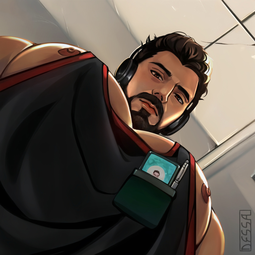 1boy absurdres bara beard black_tank_top dead_by_daylight dessa_nya facial_hair foreshortening from_below full_beard headphones highres jonah_vasquez large_pectorals lips looking_at_viewer looking_down male_focus meme muscular muscular_male nipple_slip nipples pectoral_cleavage pectoral_focus pectorals short_hair sidepec solo tank_top thick_eyebrows upper_body pec_pov_(meme)