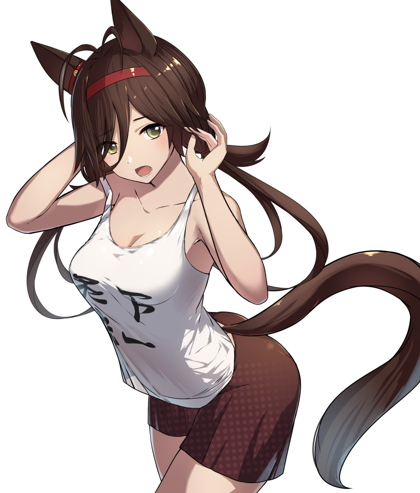 1girl absurdres alternate_costume animal_ears antenna_hair breasts brown_eyes casual cleavage collarbone commentary_request hair_between_eyes hair_ornament hairband highres horse_ears horse_tail long_hair looking_at_viewer low_twintails medium_breasts no_reason_(umamusume) open_mouth saikuu shirt shorts solo tail twintails umamusume white_background