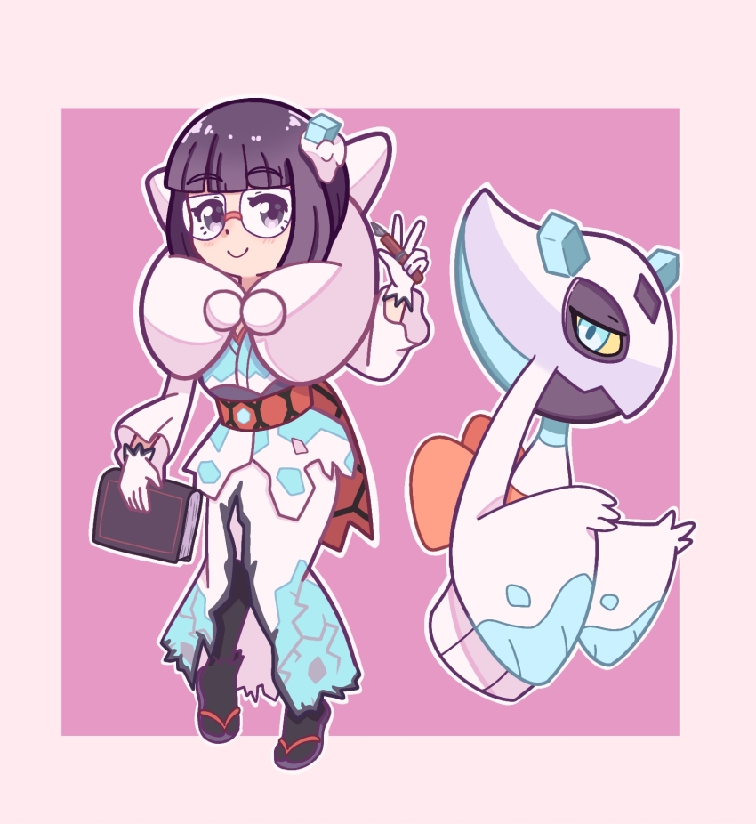 1girl black_socks book colored_sclera dustlight_(kjms4434) froslass full_body gen_4_pokemon glasses gloves highres holding holding_book holding_pen japanese_clothes kimono nintendo official_alternate_costume pen pokemon pokemon_(creature) pokemon_masters_ex purple_eyes purple_hair sandals shauntal_(fall_2024)_(pokemon) shauntal_(pokemon) socks white_gloves white_kimono yellow_sclera