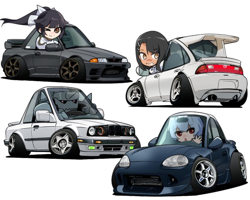1boy 3girls alphonse_elric ayanami_rei azur_lane black_car black_hair blue_car bmw bmw_3_series bmw_e30 bmw_m3 bow brown_eyes car commentary commission dark-skinned_female dark_skin english_commentary eunos_roadster fullmetal_alchemist hair_ornament hairclip holeecrab ijiranaide_nagatoro-san long_hair looking_at_viewer looking_back mazda mazda_mx-5 mazda_mx-5_nb motor_vehicle multiple_girls nagatoro_hayase neon_genesis_evangelion nissan nissan_skyline nissan_skyline_gt-r nissan_skyline_r32 one_eye_closed ponytail scared shadow smile sports_car stance_(vehicle) takao_(azur_lane) vehicle_request white_background white_bow white_car