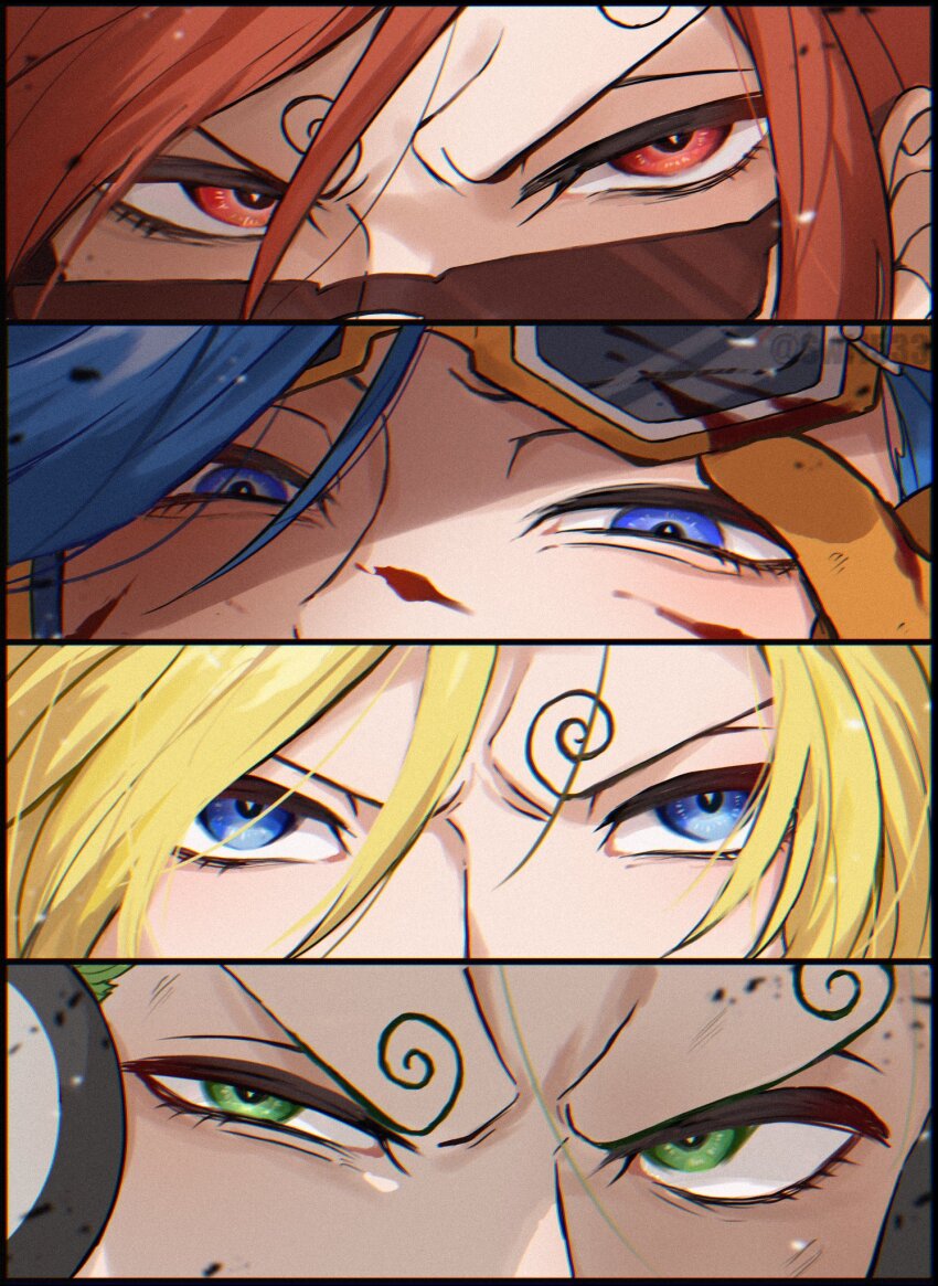 4boys blonde_hair blue_eyes blue_hair brothers commentary_request curly_eyebrows eye_focus gloves green_eyes green_hair hair_between_eyes highres looking_at_viewer multiple_boys one_piece red_eyes red_hair sanji_(one_piece) siblings sunglasses swi1533 vinsmoke_ichiji vinsmoke_niji vinsmoke_yonji