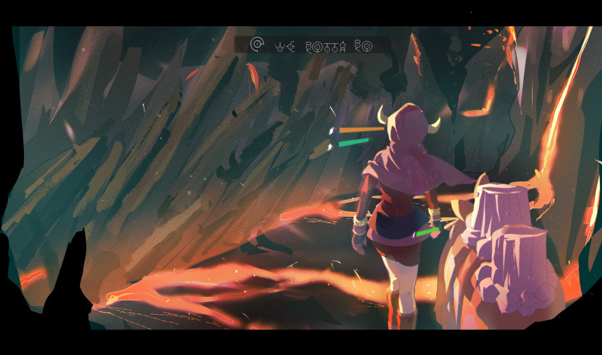 1girl aergia_c boots camerupt capelet cave_interior commentary courtney_(pokemon) dress fake_horns from_behind gen_3_pokemon gloves highres hood hood_up hooded_capelet horns lava nintendo pokemon pokemon_(creature) pokemon_oras red_dress short_dress standing