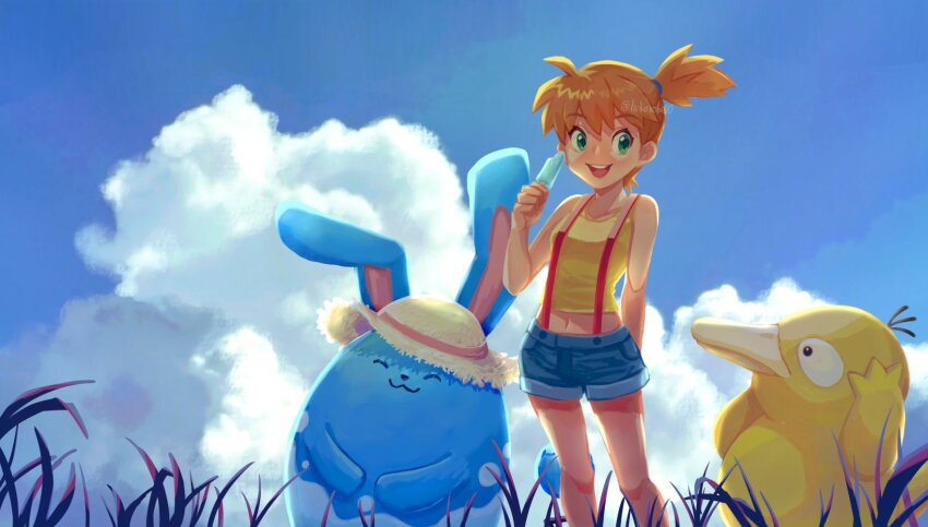 1girl :d azumarill bare_arms blue_shorts clothed_pokemon cloud commentary_request day food gen_1_pokemon gen_2_pokemon green_eyes highres holding misty_(pokemon) navel nintendo one_side_up open_mouth orange_hair outdoors pokemon pokemon_(anime) pokemon_(classic_anime) pokemon_(creature) popsicle psyduck s_(happycolor_329) shirt short_hair short_shorts shorts sky sleeveless sleeveless_shirt smile standing suspenders teeth tongue upper_teeth_only yellow_shirt