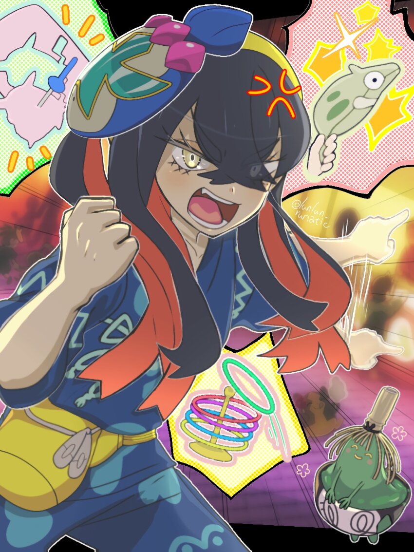 1girl anger_vein black_hair carmine_(pokemon) clenched_hand colored_inner_hair crossed_bangs eyelashes eyes_visible_through_hair fanny_pack gen_1_pokemon gen_8_pokemon hair_between_eyes hairband highres japanese_clothes jinbei_(clothes) looking_at_viewer mask mask_on_head morpeko morpeko_(full) multicolored_hair nintendo open_mouth pikachu pokemon pokemon_(anime) pokemon_(creature) pokemon_horizons red_hair runachikku sinistcha teeth twitter_username two-tone_hair yellow_eyes yellow_hairband