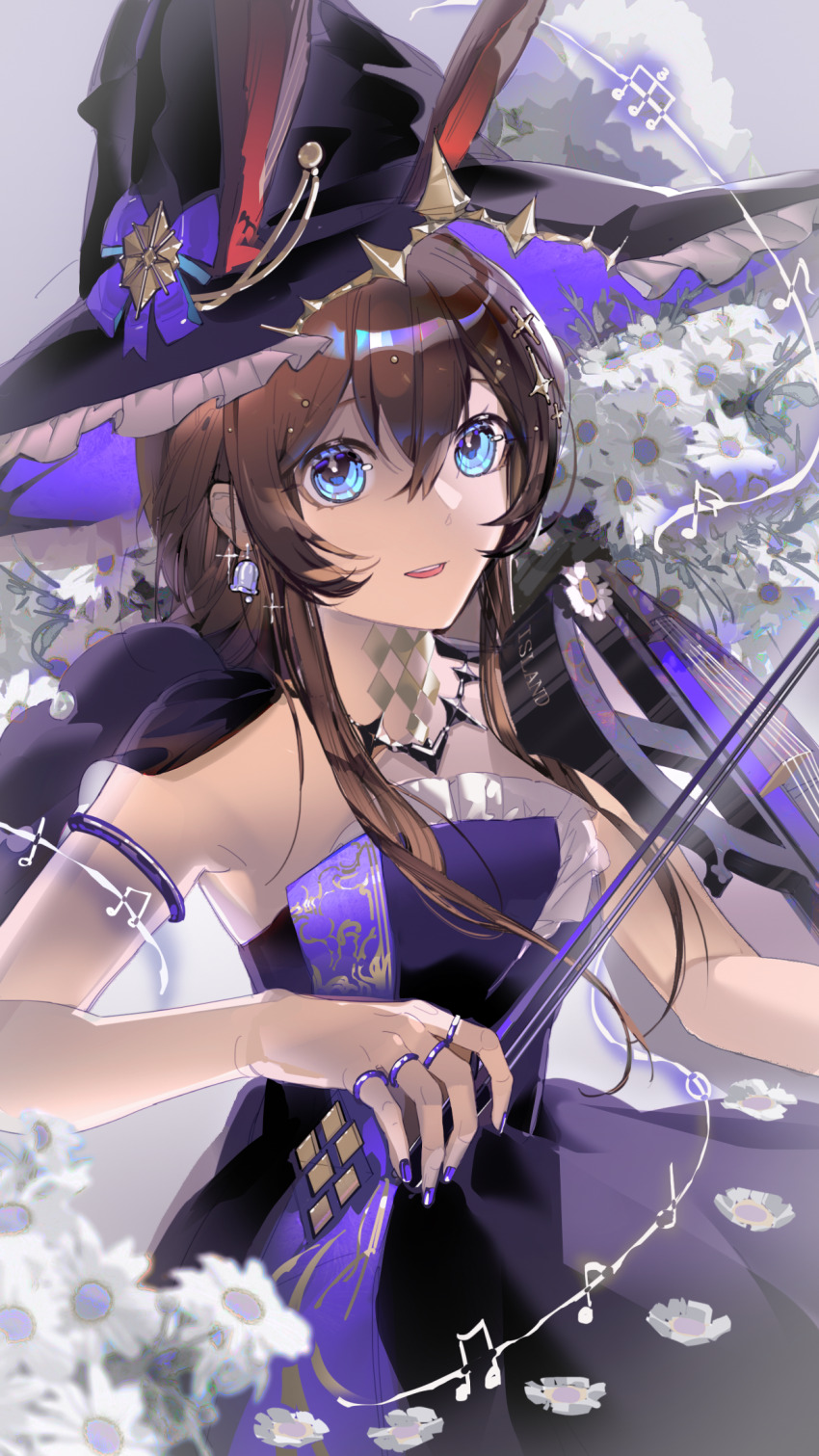 1girl ambience_synesthesia amiya_(arknights) amiya_(medic)_(arknights) amiya_(medic)_(solo_around_the_world)_(arknights) animal_ears arknights armlet bare_shoulders black_hat blue_eyes bow_(music) brown_hair chinese_clothes commentary_request ears_through_headwear fingernails flower hair_between_eyes hat highres holding holding_bow_(music) instrument jewelry long_hair music musical_note nail_polish official_alternate_costume playing_instrument purple_nails ring solo upper_body white_flower witch_hat xiangyoumenggu