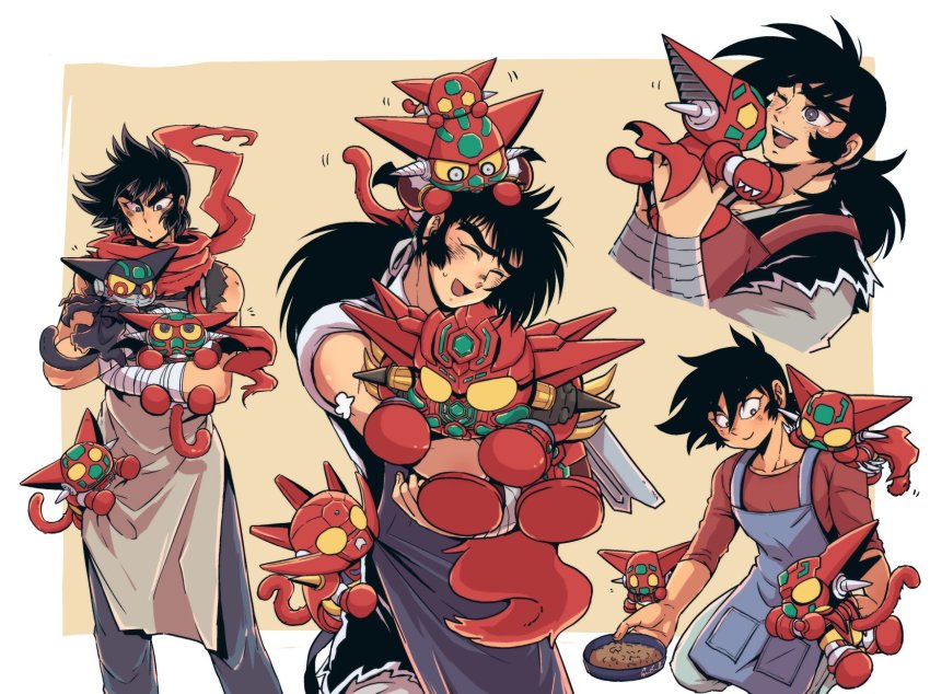 1boy ^_^ apron black_eyes black_getter black_hair chibi closed_eyes collarbone closed_eyes fuyutsuki_(fuyutututu) getter-1 getter_dragon getter_emperor getter_robo getter_robo_(classic) getter_robo_g hair_between_eyes head_tilt highres holding male_focus mecha multiple_views nagare_ryoma one_eye_closed overalls red_shirt robot shin_getter-1 shin_getter_robo shirt super_robot tail yellow_eyes