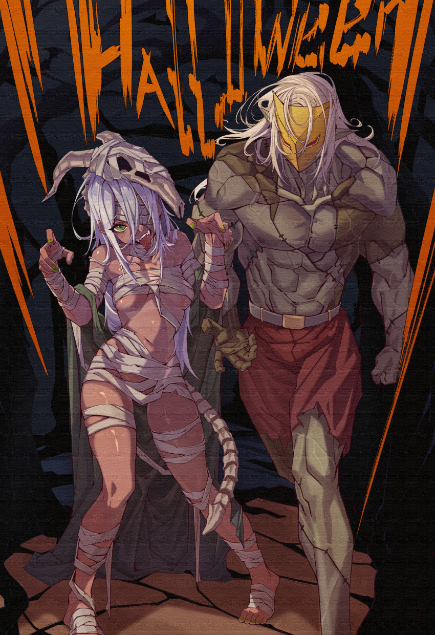 1boy 1girl absurdres bandage_over_one_eye bandages barefoot bone_tail dark-skinned_female dark_skin green_eyes grey_hair halloween happy_halloween highres looking_at_viewer mask mummy_costume muscular muscular_male nail_polish naked_bandage one_eye_covered pigeon-toed sharp_teeth skull_on_head slay_the_spire standing sun_(pixiv59439101) tan teeth the_ironclad_(slay_the_spire) the_silent_(slay_the_spire) tongue tongue_out